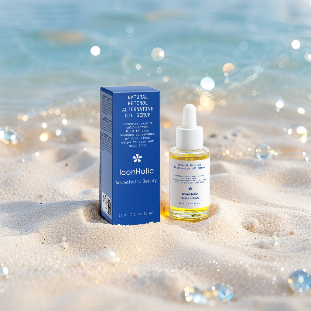 Close-up van het elegante serumflacon, benadrukt door een luxe achtergrond met zachte verlichting. Symbool van botanische verjonging en verzorging.