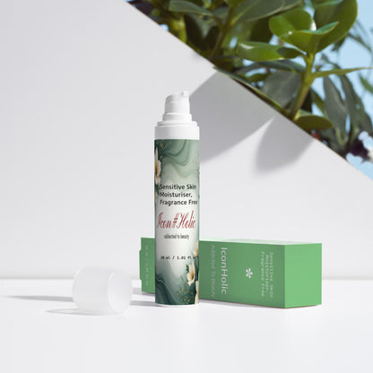 Hydraterende crème voor de gevoelige huid in blauwe flacon met doosje, kalmerend en parfumvrij.