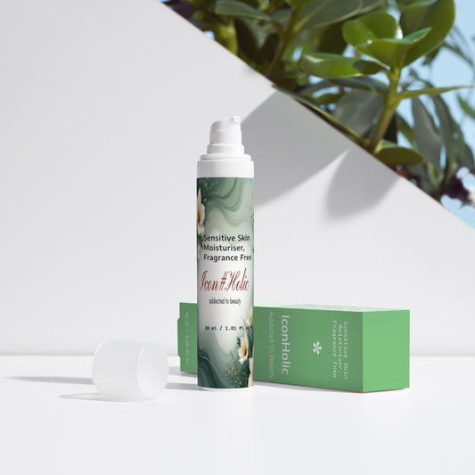 Hydraterende crème voor de gevoelige huid in blauwe flacon met doosje, kalmerend en parfumvrij.