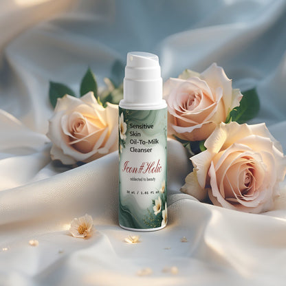 Luxe flacon van de Oil-to-Milk Cleanser met subtiele glans en zachte beige achtergrond, symbool van pure en milde verzorging.